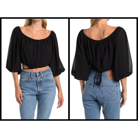 💕ASTR THE LABEL💕 Tie Waist Balloon Sleeve Top ~ Black Large XL NWOT - Picture 1 of 9